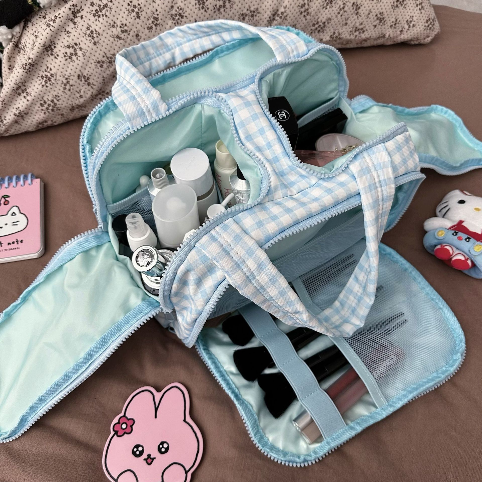 Blue Plaid Partitioned Cosmetic Bag for Women Double Wide Opening Large Capacity 2025 New Travel Portable Toiletry Cosmetics Bag