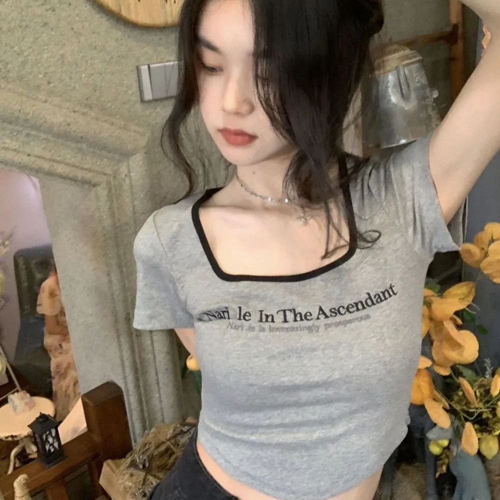 Pure Desire Style Spice Girl High Waist Short Square Collar Top Women's 2024 Summer New Arrival Tight Short-sleeved T-shirt Trendy