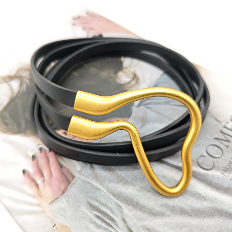 European and American New Black Thin Belt Women's Alloy Ancient Gold U-Shoe Buckle Women's dress Decorative Belt