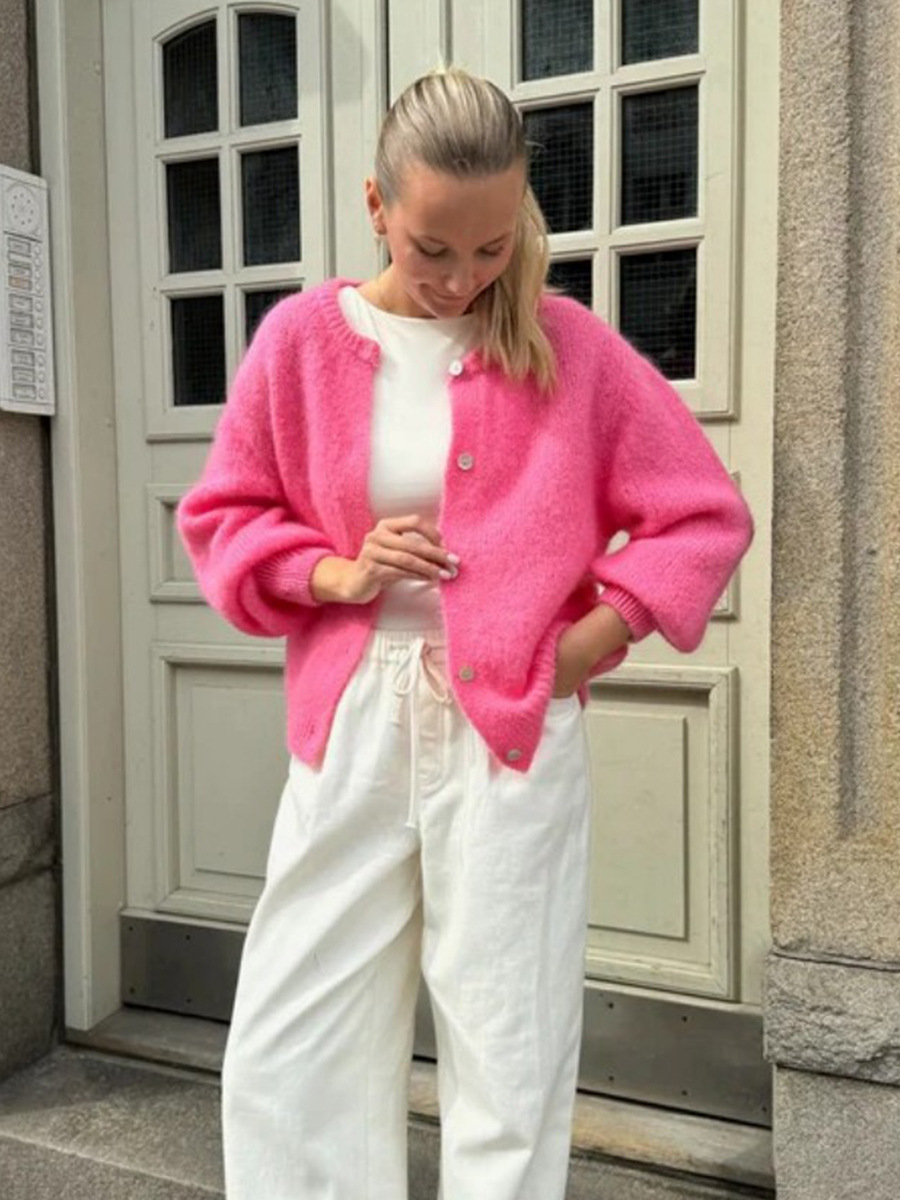 Picture of Candy-colored knit cardigan for women, European & American 2025 autumn/winter solid mohair cardigan, macaron-colored sweater for women