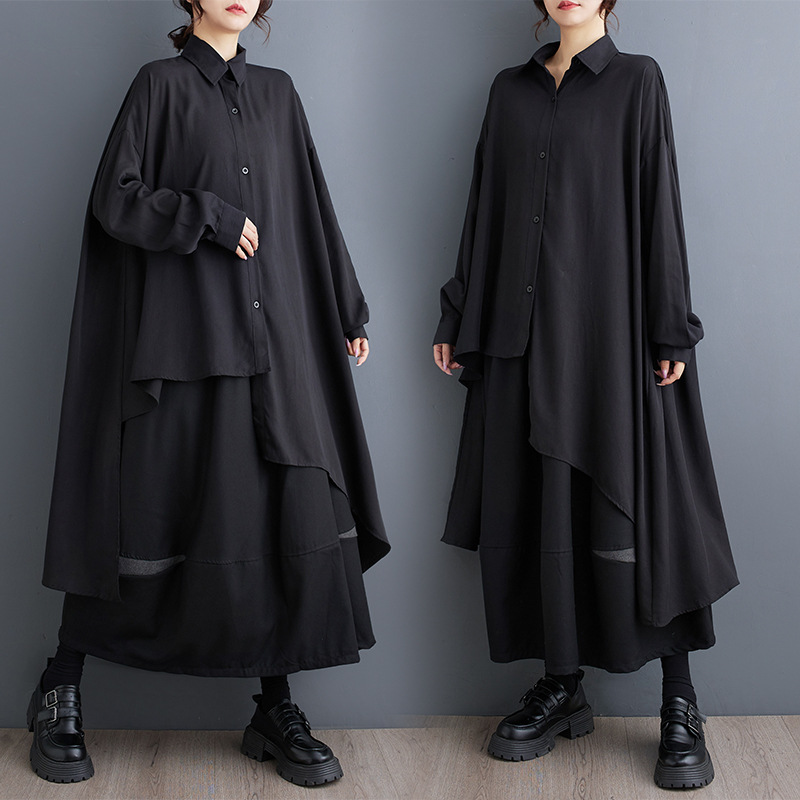 Real shot 2025 spring and autumn new dark irregular small shirt dress fashion plus size long shirt dress coat