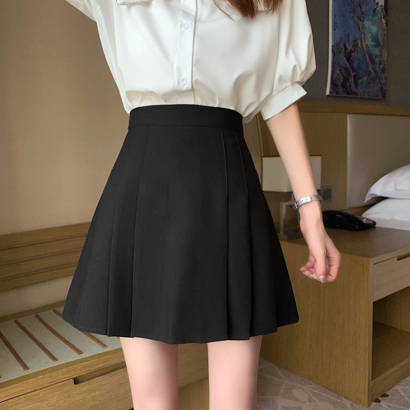 Pear-shaped black pleated skirt women's summer plus size chubby girl high waist slimming A- line skirt irregular skirt