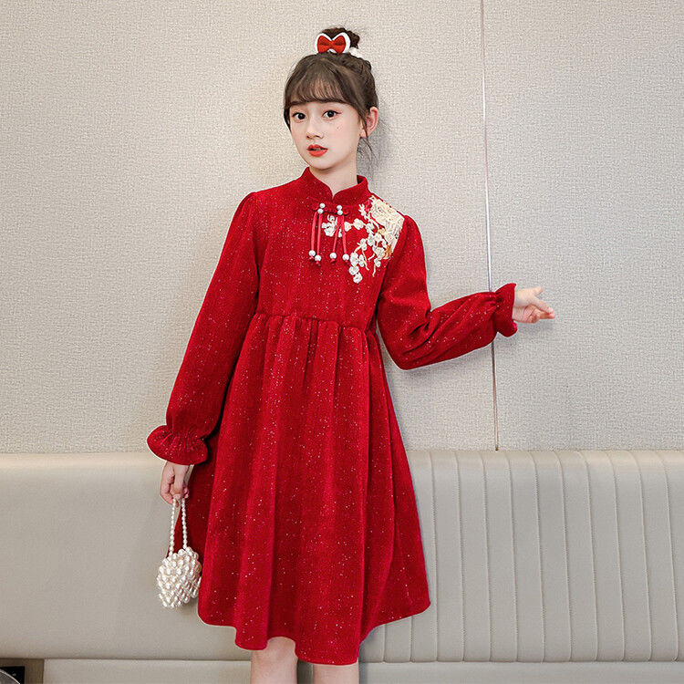 Girls' New Year dress winter children girls' festive Chinese style cheongsam big children's red New Year greeting dress