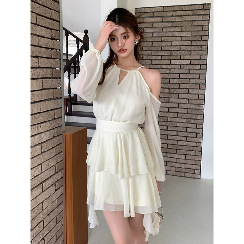French White Long-sleeved dress Fairy Summer Fairy Waist Chiffon Skirt Ruffled Design A- line Skirt