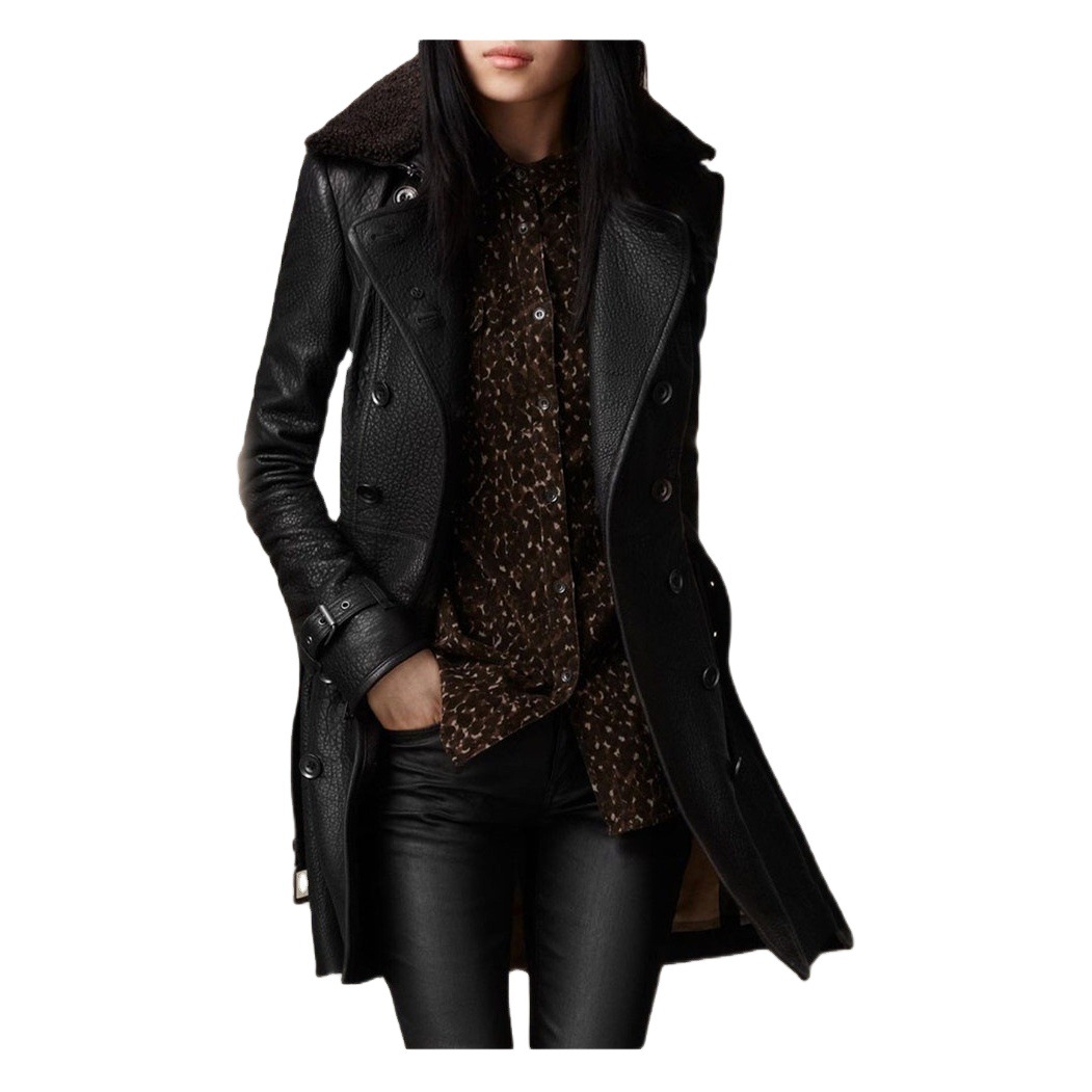 2022 Foreign Trade Amazon British Women's Fur Collar Leather Long Motorcycle Thickened Leather Jacket Slim Fit Jacket