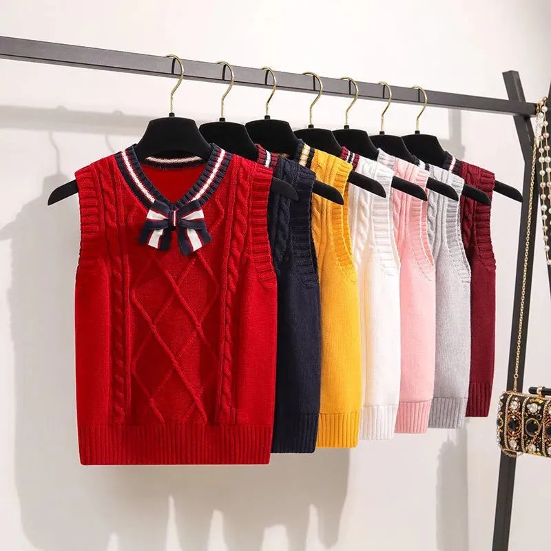 Children's Internet Popular Vest Spring and Autumn New College Style V-Neck Knitted Vest Girl's Autumn Western Style Sweater