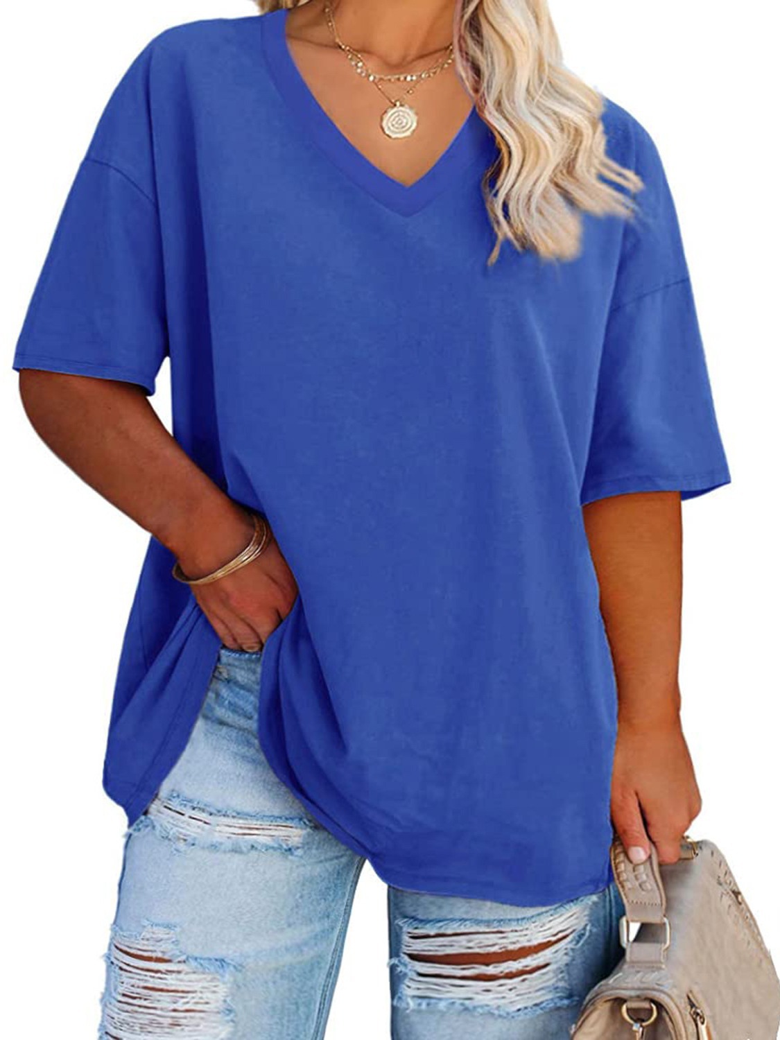 Cross-border 2024 Amazon Women's V-neck solid color loose short-sleeved T-shirt women's spring and summer new fashion pullover top