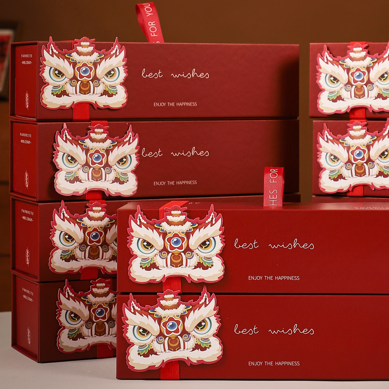 2025 New Year High-end Gift Packaging Box Spring Festival Gift-giving Portable Lion Dance Cookie Box Snowflake Crisp Hand Gift Empty Box