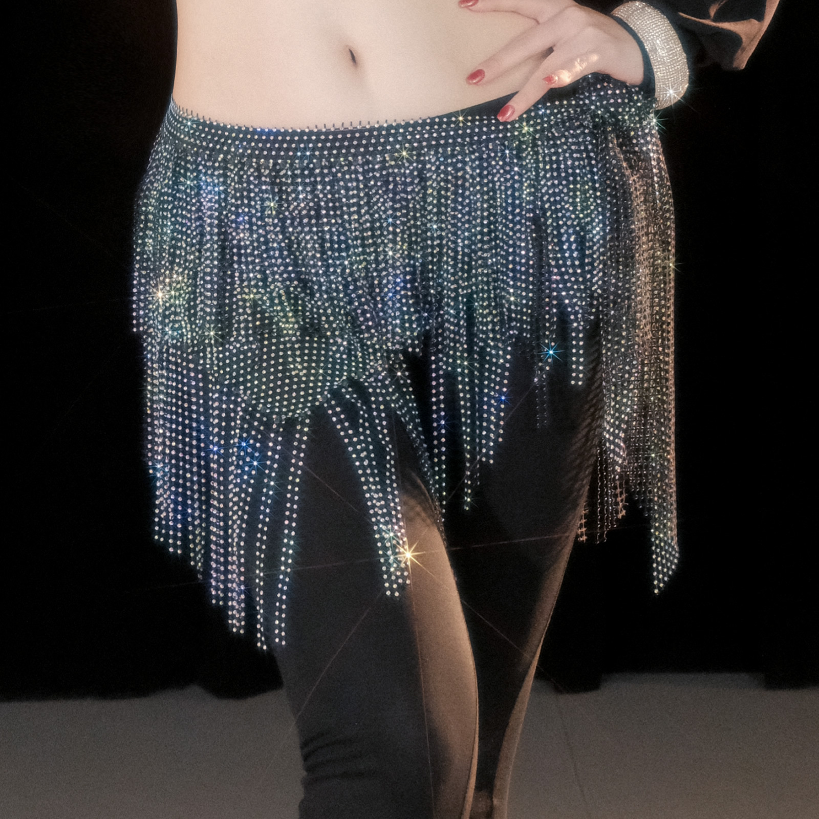 Picture of Dancer Handmade Flash Diamond Hip Towel Belly Dance Tassel Waist Chain Multi-layer Hot Diamond Dance Accessories Fart Curtain Y1028