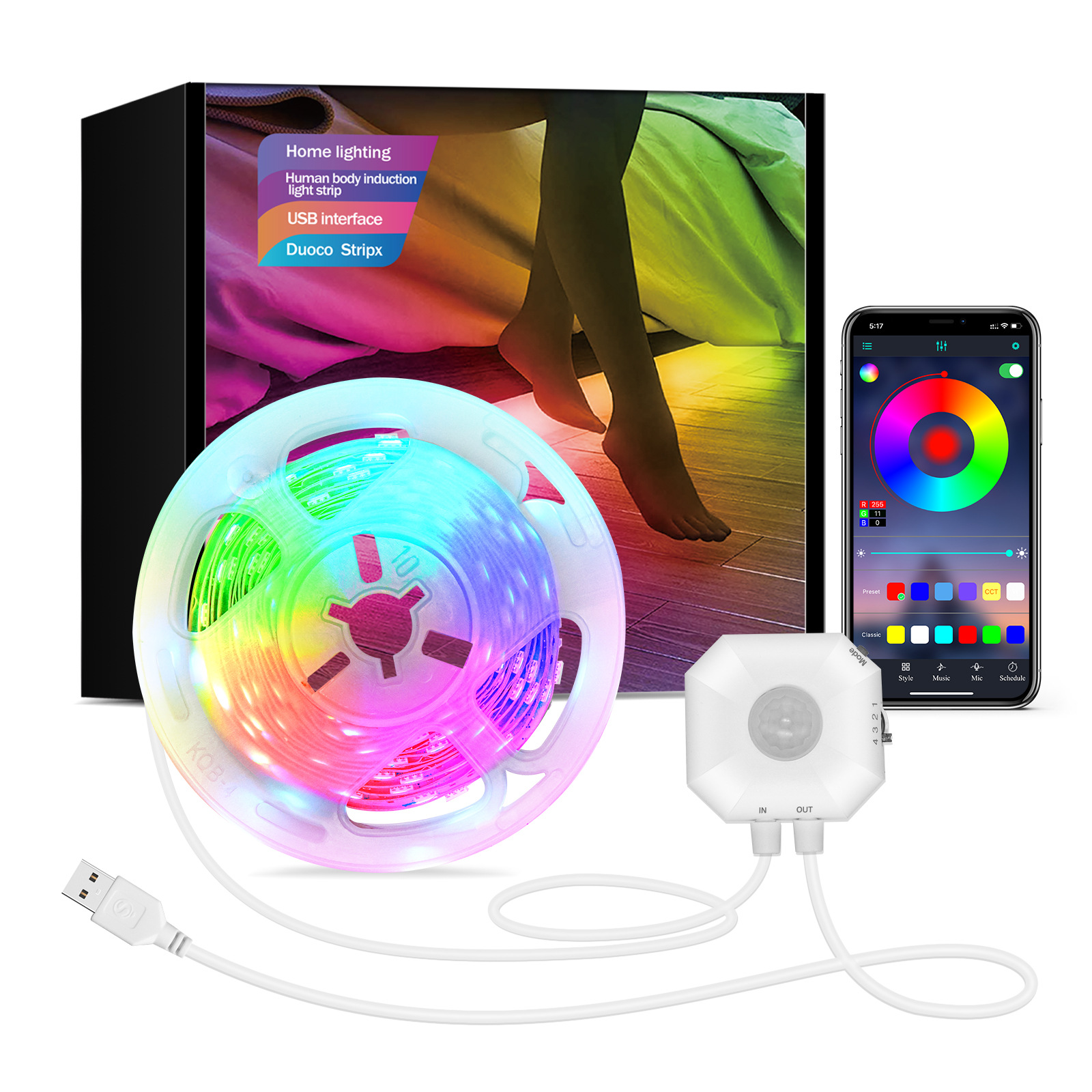 Cross-border spot KESHU colorful Bluetooth app human body induction bedside lamp with USB5V5050 bedroom induction