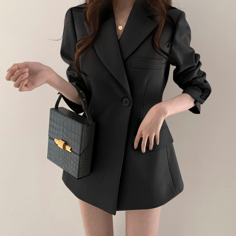 Picture of khaki Suit Jacket Women's Spring and Autumn Korean-style Ins Hong Kong-style Retro Top Tight Waist Slimming Mid-length Small Suit
