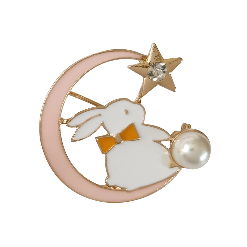 Picture of Japanese and Korean Style ins Pearl Moon Cartoon Bunny Brooch Sweet Cute All-match Metallic Decorative H3901