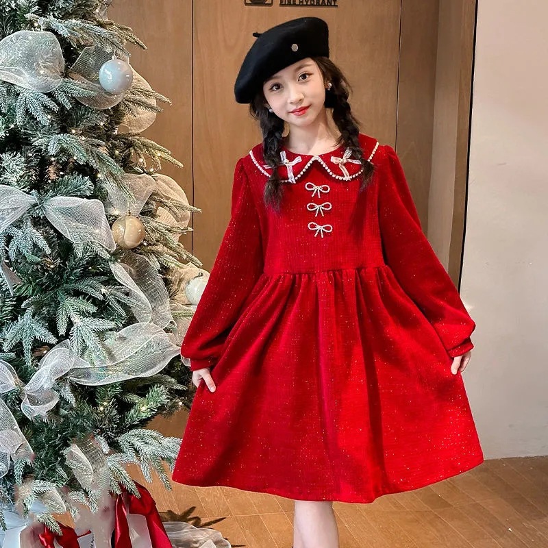 Primary and Middle School Girls Western Style Princess Style Sweet dress Girls Spring and Autumn New Fashionable Doll Collar Skirt