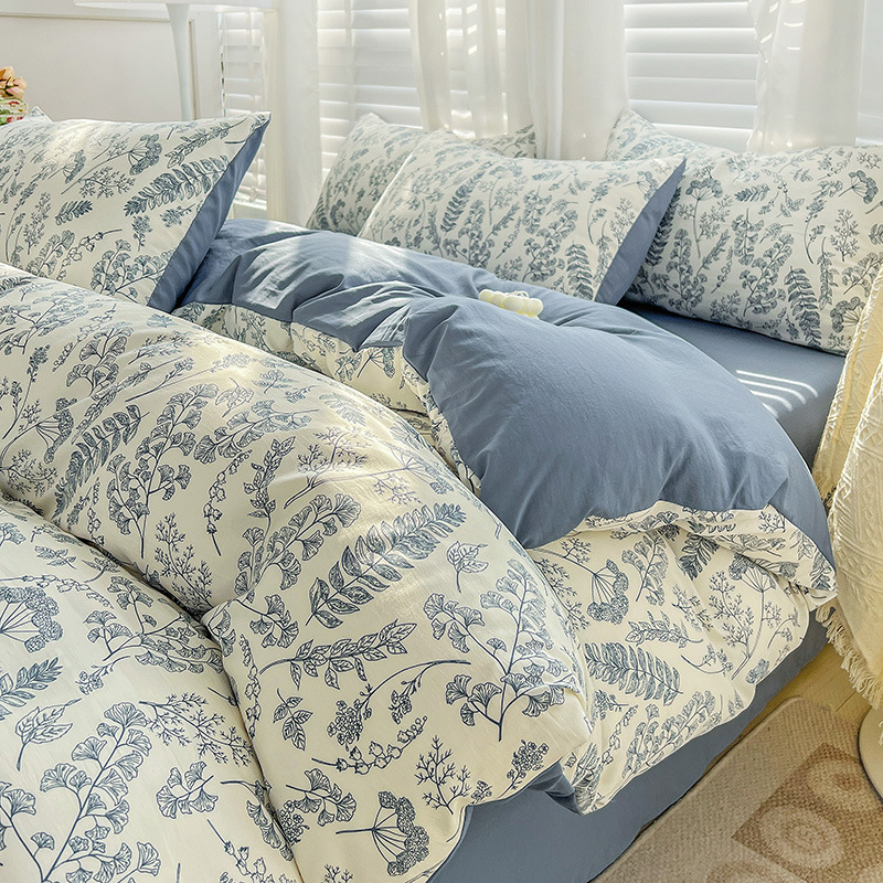 Picture of Class A Washed Double Yarn Cotton and Linen Four-piece Bed Sheet Cover Cover Three-piece Machine Washable Single and Double Bed Top Supplies