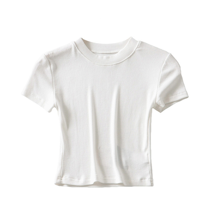 Picture of YPFF new summer color slim-fit short-sleeved round neck bag chest T-shirt sports fitness solid color short navel top