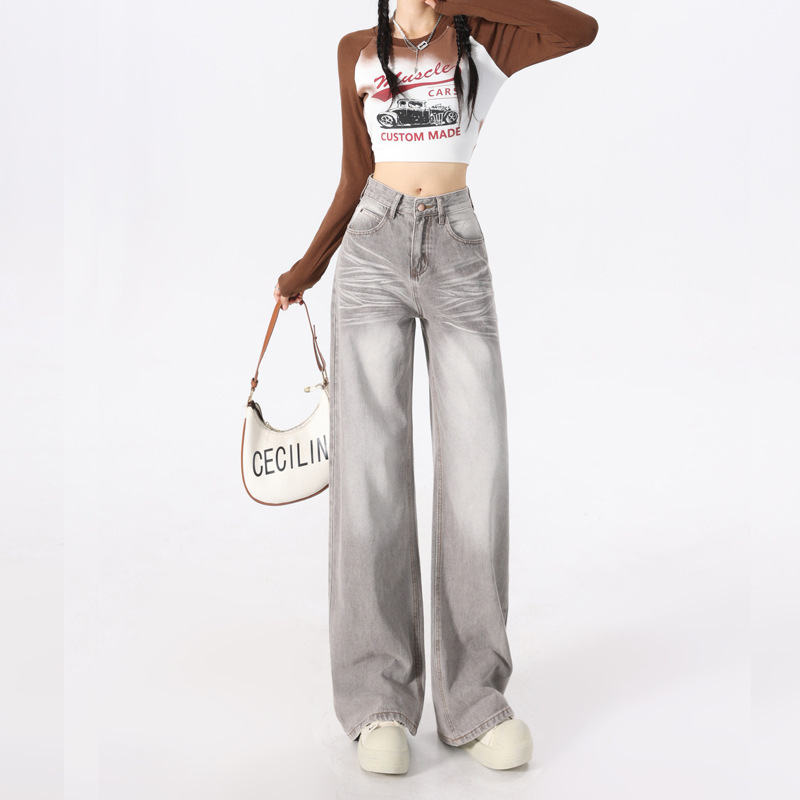 Corrugated Grey Niche Design Jeans Women's 2024 Autumn New Loose Wide Leg Lazy Style Salt Style Street Pants