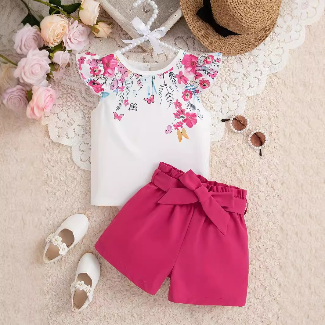 Flying Sleeve Flower Print Round Neck Top Solid Color Shorts Belt