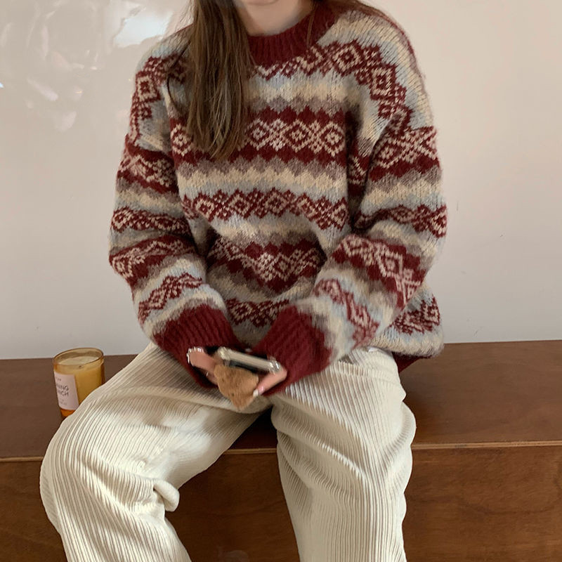 Christmas Lazy Style Pullover Sweater 2024 Autumn and Winter New Loose Casual Retro Pullover Crewneck Knitted Top for Women