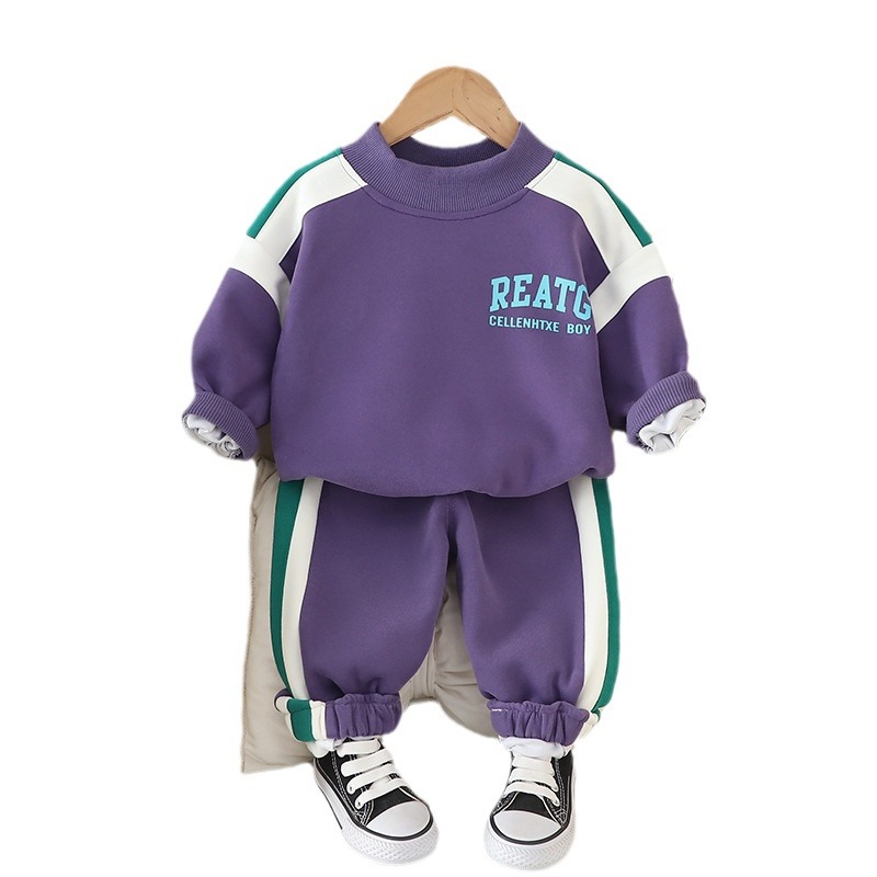 Picture of Children's clothing new boys and girls children's clothing casual stitching letter sweater suit fashion casual two pieces suit generation hair