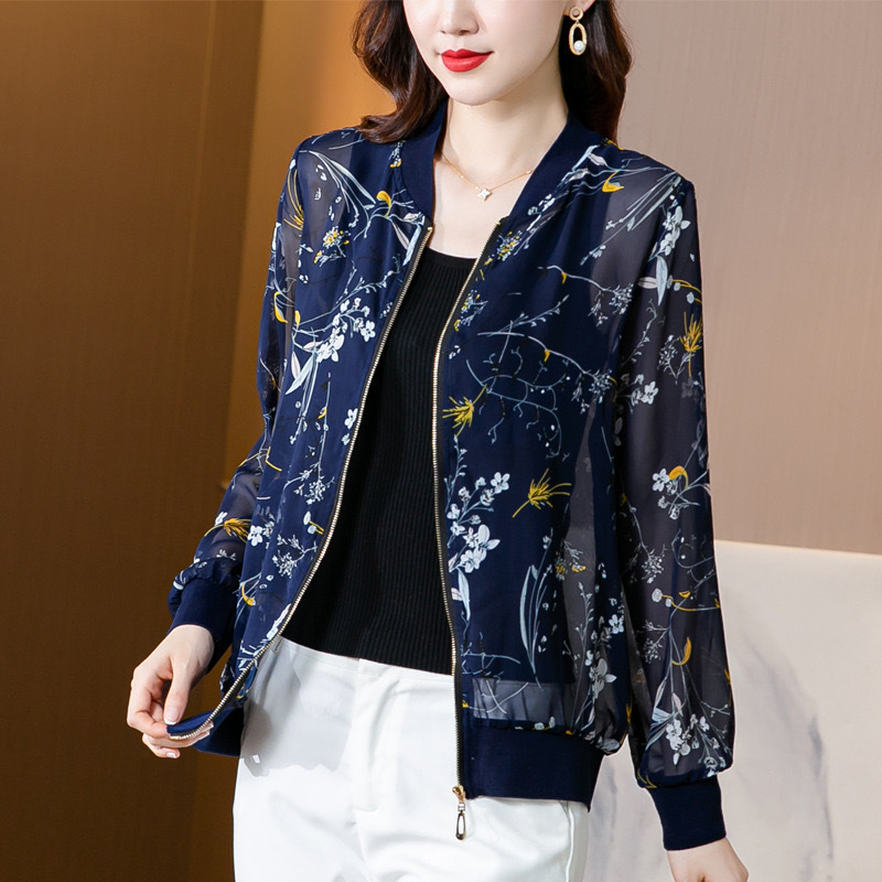 Picture of Chiffon thin air conditioning sun protection coat women's Korean-style long-sleeved zipper baseball uniform printed loose short coat