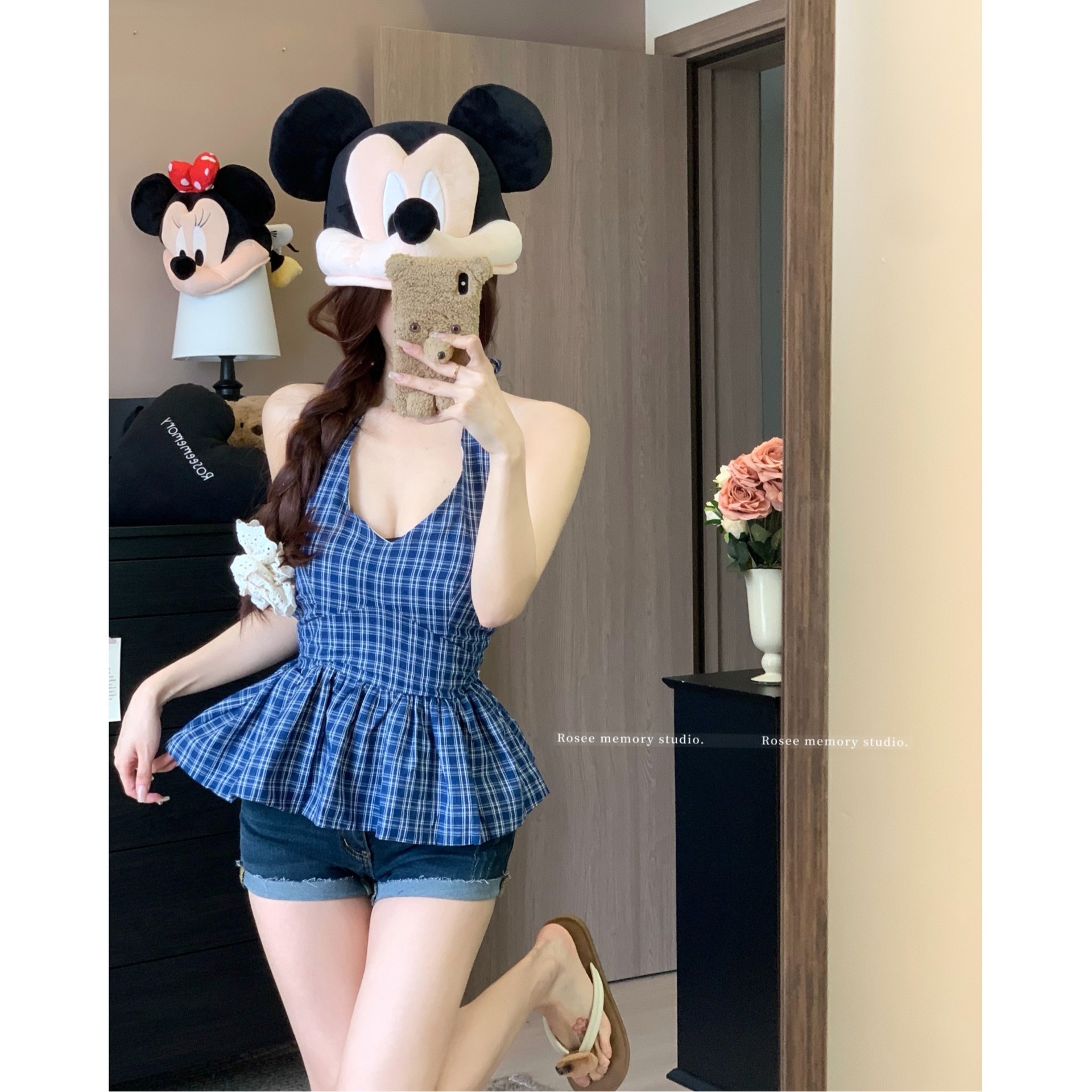 Shimei Pure Desire Contrast Color Plaid Halter Neck Strap Sleeveless Vest Women's Summer Ruffled Sexy Top