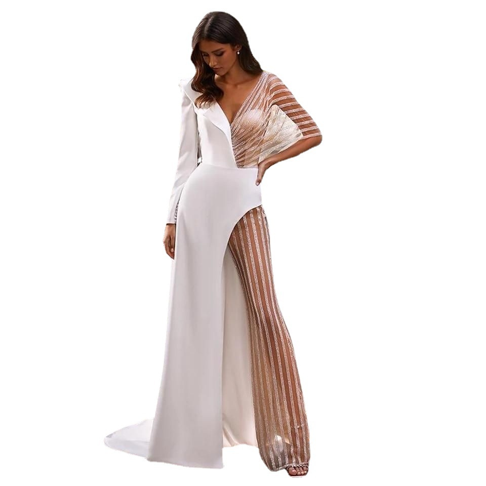 Picture of 2025 New Cross-Border Amazon Women's Clothing Spliced V Neck Lace Asymmetrical Dress Skirt Pure Color Spring Dress