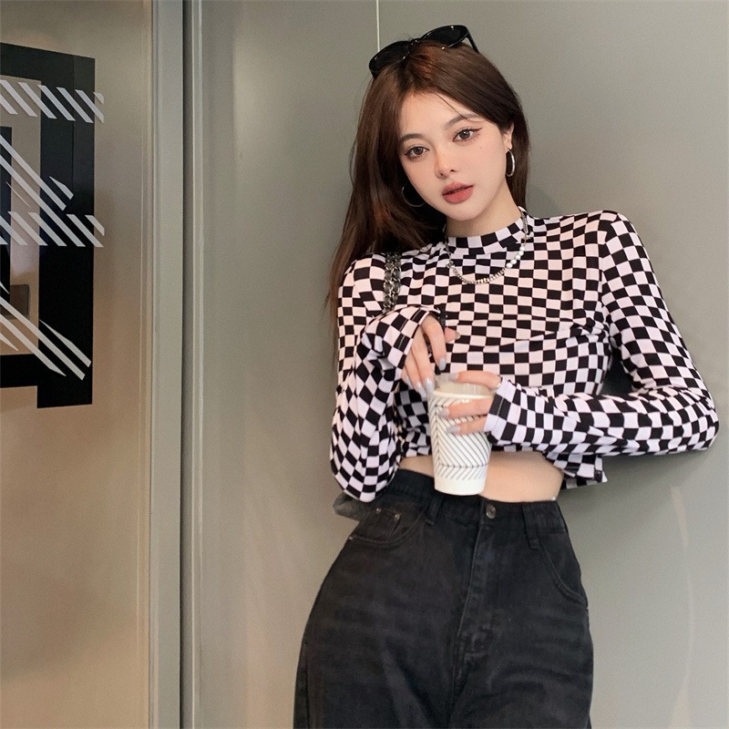 Double grinding milk silk chessboard plaid T-shirt women's Korean-style spring and autumn slimming inner half turtleneck long sleeve pullover bottoming shirt