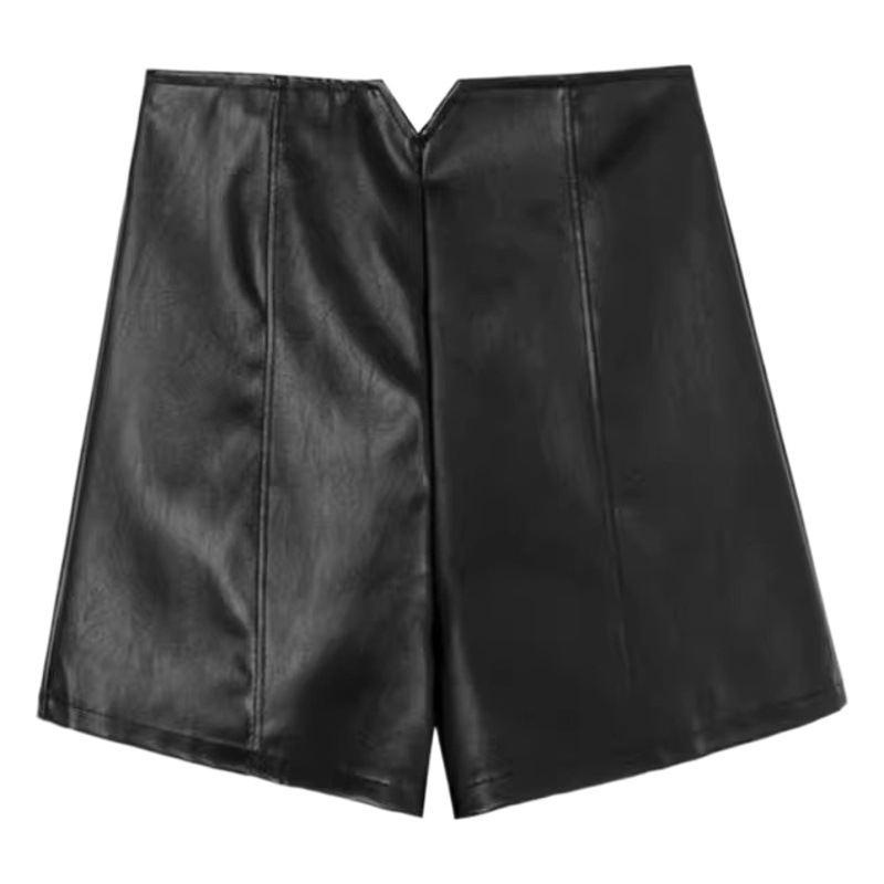 pu leather shorts women's 2023 autumn and winter new high waist slimming a-line wide leg pants design sense black outwear pants