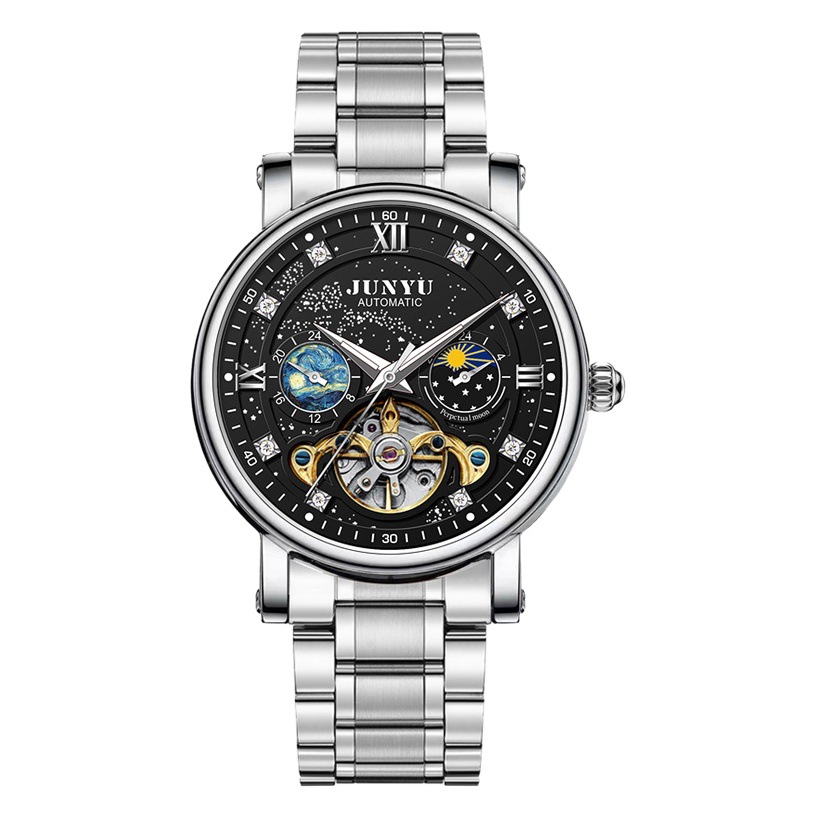 Junyu Brand Men's Watch Men's Sun, Moon and Stars Automatic Mechanical Watch Waterproof Starry Sky Hollow Watch Live