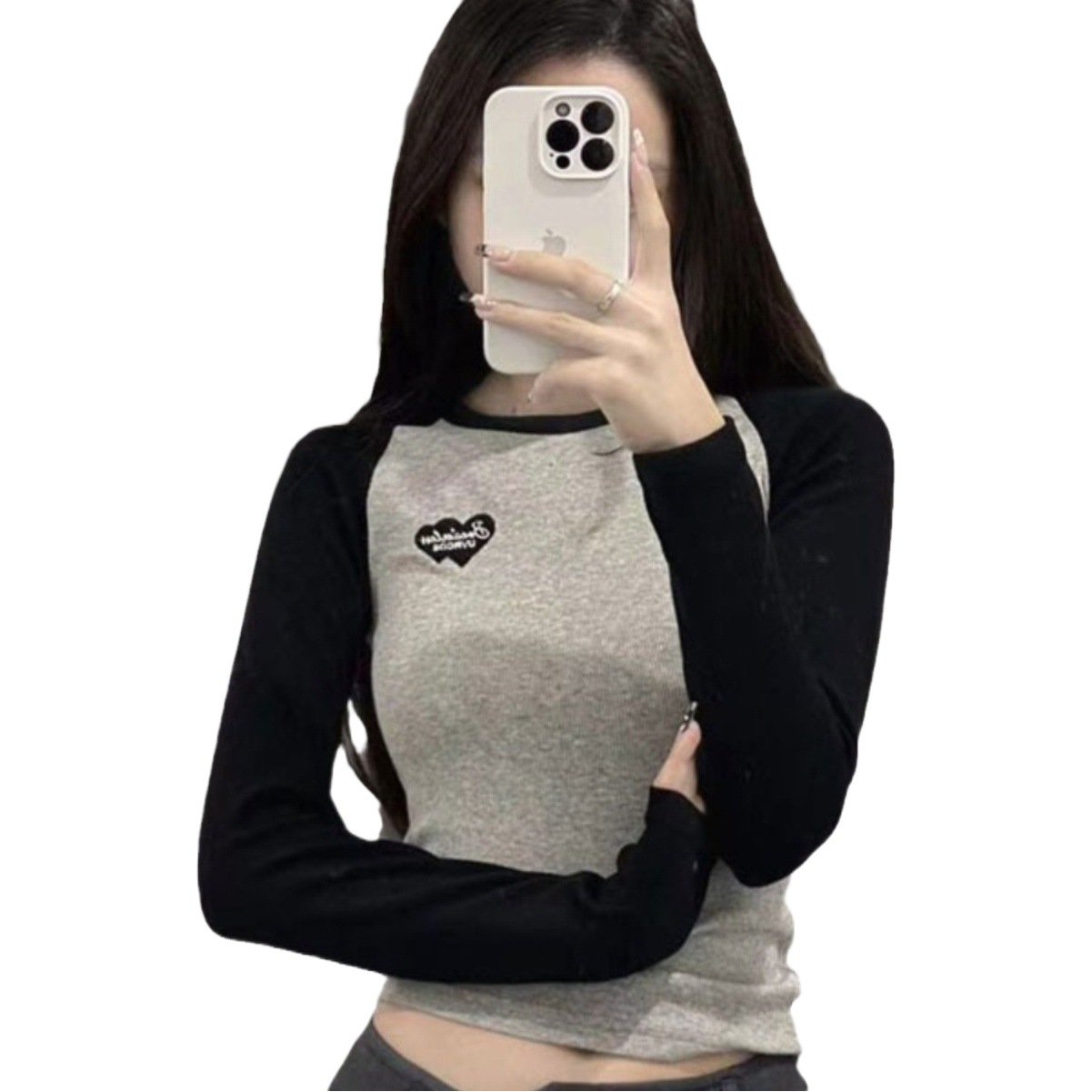 2023 Autumn New Korean Version Retro Color-matching Raglan Sleeve Short T-shirt Slim-fit Skin-friendly Long Sleeve Base-layer Shirt Women's Top