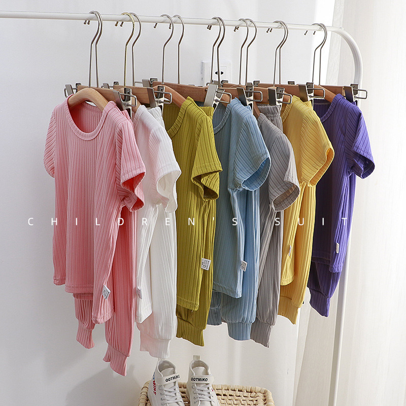Picture of Children's Home Wear Set Korean Style Casual Unisex Solid Color 2024 Summer New Pajamas Children's Clothing Wholesale Short Sleeve