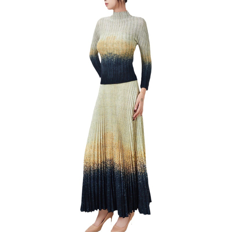 European and American Fashion Pleated Skirt Suit for Women Autum Gradient Color Pleated Skirt High Collar Long-Sleeved Top Two-Piece Set