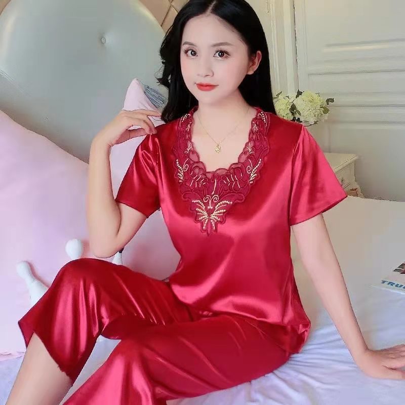 Pajamas women's summer suit short-sleeved summer two-piece suit women's thin ice silk satin summer summer plus size homewear