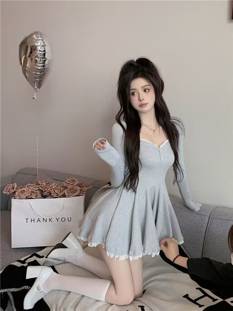 French style sexy hot girl pure desire square collar collarbone long sleeve dress women's autumn new small waist tight skirt