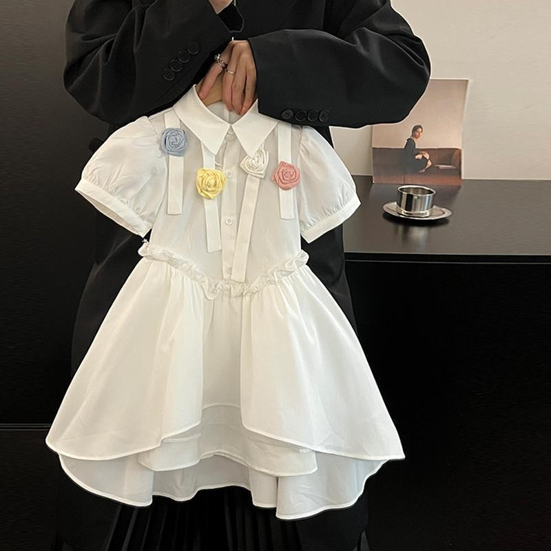 Girls dress summer college style girls bubble sleeve Korean version of foreign style white handmade flower skirt a generation of hair