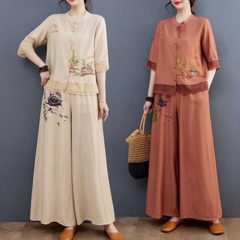 Middle-aged and elderly women's summer two-piece embroidered cotton and linen short-sleeved top western-style mother's fashionable wide-leg pants set
