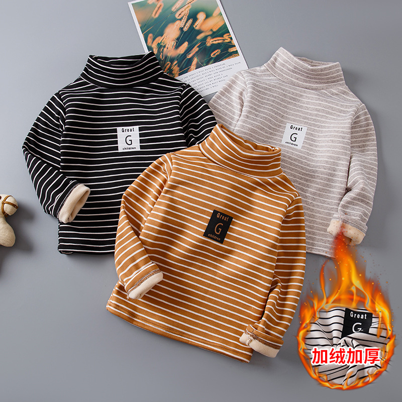 Picture of Children's Striped Fleece-Lined Thickened Base Shirt Turtleneck Top Middle Collar Single-Piece Half-High Collar Long-Sleeved T-Shirt for Boys and Girls