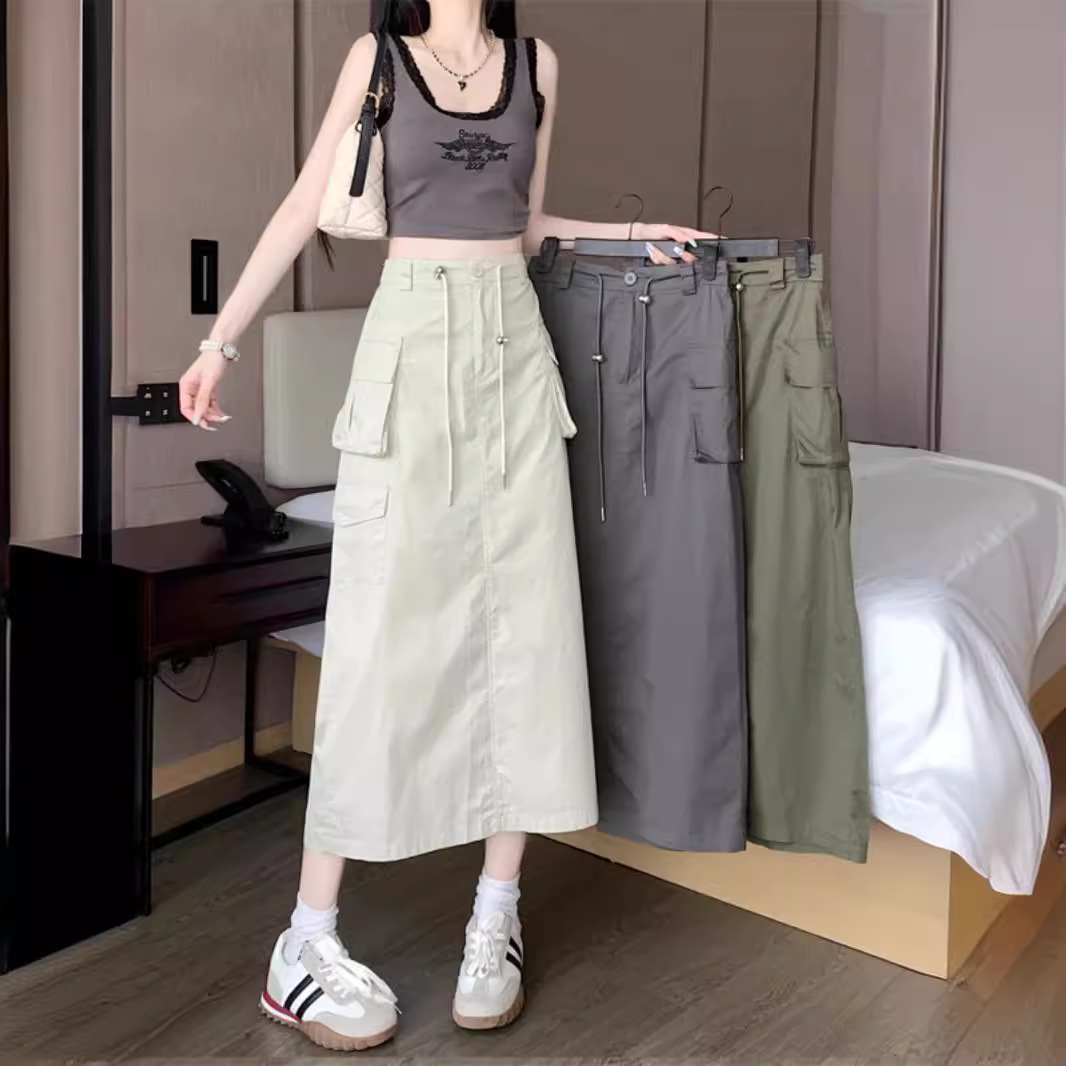 American retro split fright skirt women's summer 2024 new mid-length high waist drawstring A- line long skirt