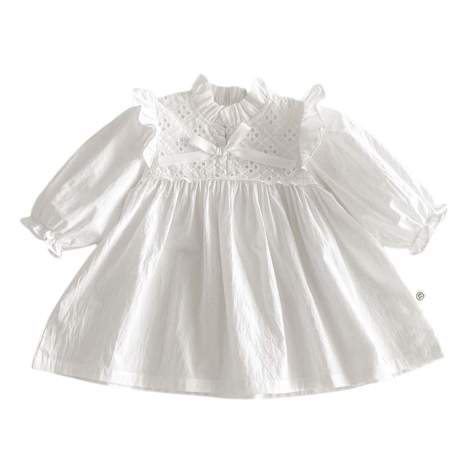 K-Style of 2025 Spring Clothing for Baby Girls Thin White Long-Sleeved Doll Collar One-Piece Harem Girl Sister Outfit Outing Clothing