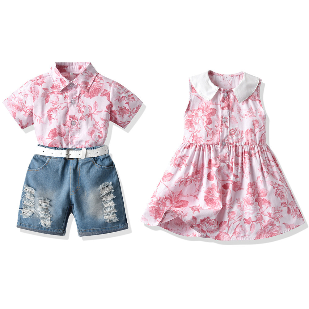 Foreign Trade Children's Clothing New Boys' Suit Printed Short-sleeved Shirt Beach Vacation Water Splashing Festival Brother and Sister Suit