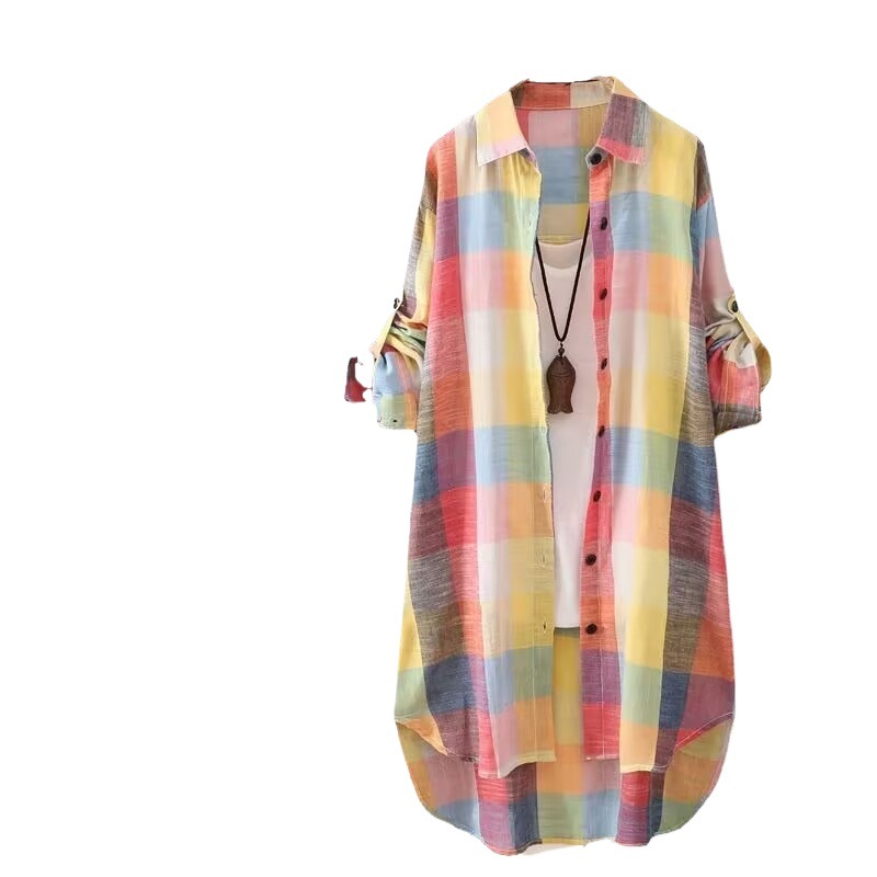 Picture of Women's sun protection clothing shirt Women's Mid-length plus size women's loose slimming fashionable plaid shirt women's casual coat