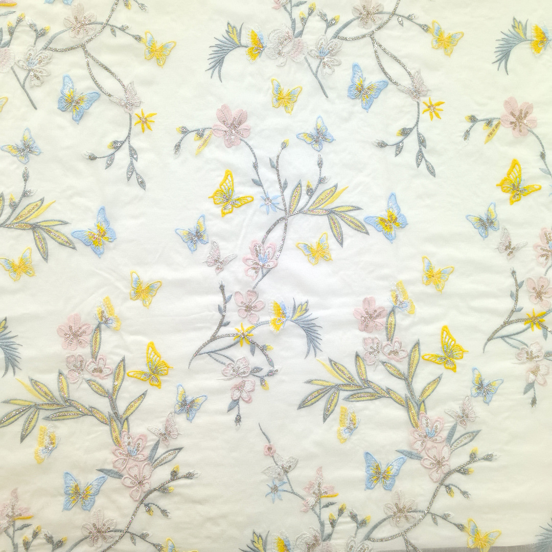 2025 New Butterfly Flower Design Tencel Bottom Golden Sequins Multicolor Embroidered Lace Fabric Cheongsam dress