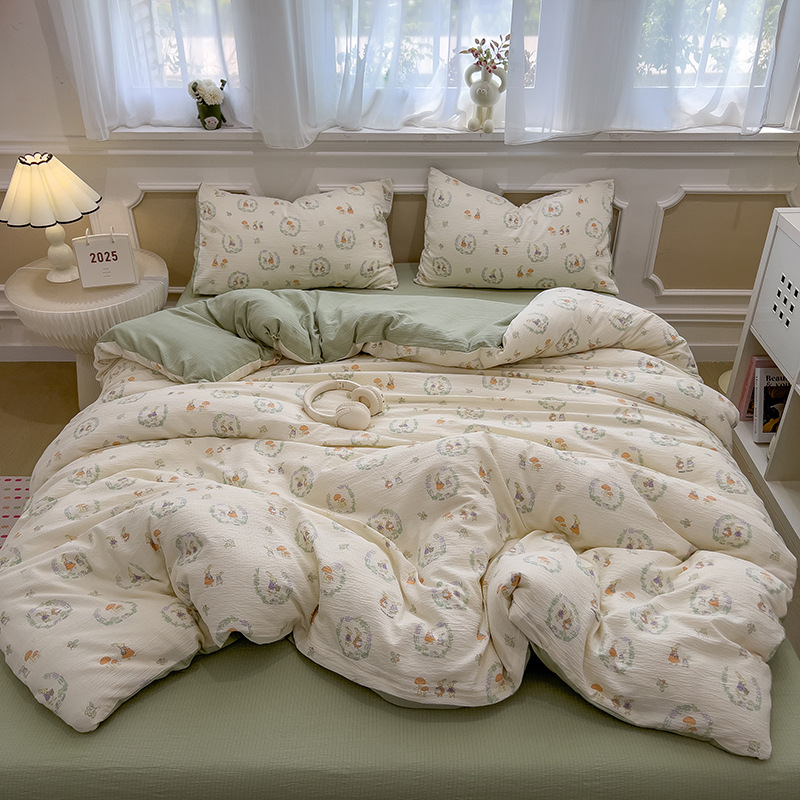 Picture of Double-Layer Gauze Wrinkled Cotton Bed Four-Piece Set Small Fresh Quilt Cover Home Ins Style Floral Summer New Three-Piece Set