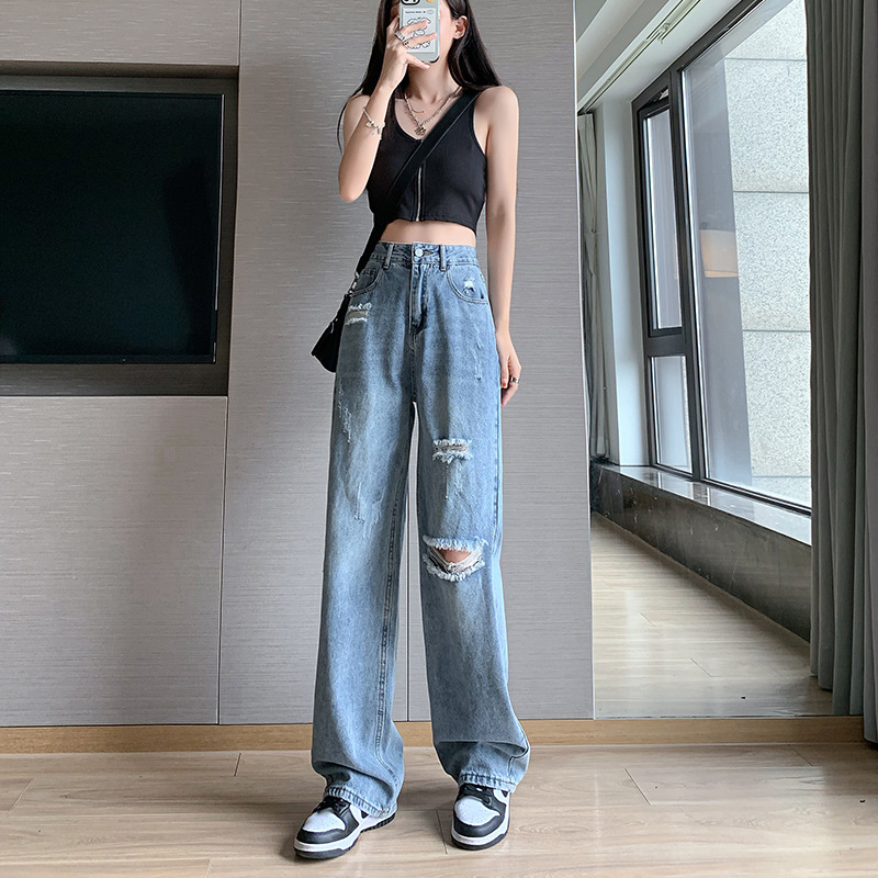 2025 American High Street Trendy Women's Ripped Beggar's Denim Pants All-match Hip-hop Niche Design Trendy Pants