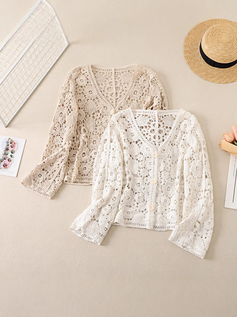 Picture of Long-sleeved Hollow-out Knitted Cardigan Women's Summer Outer Wearing New Crochet Short Chic Small Shirt with Skirt Air Conditioning Top