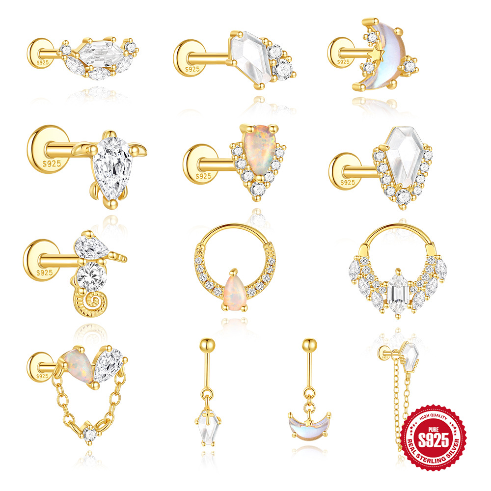 S925 Sterling Silver Water Drop White Opal Opal Tassel Moonstone Inlaid with Zirconium Flat Head Threaded Piercing Earrings
