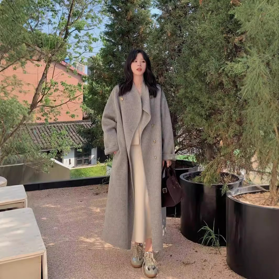 Gray Double-Sided Woolen Outwear for Women Mid-Length 2025 Autumn and Winter New Korean Style Loose Knee-Length Woolen Outwear