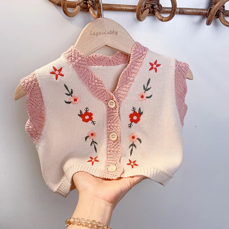 Picture of Baby Vest Knitwear Floral Embroidered Girls' Clothes Waistcoat Cardigan Baby Sweater Vest Fashionable Jacket Korean Style
