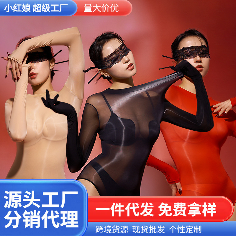 Seamless oily silky sling high fork jumpsuit swimsuit sexy tights emotional stockings suit plus size glosy