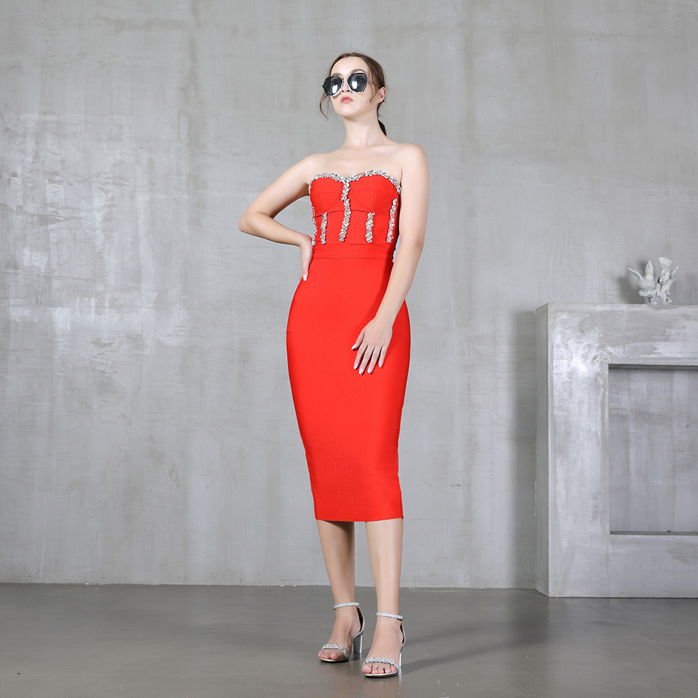 Picture of Foreign trade new solid color temperament strapless bandage skirt Europe and the United States sexy diamond party dress dress